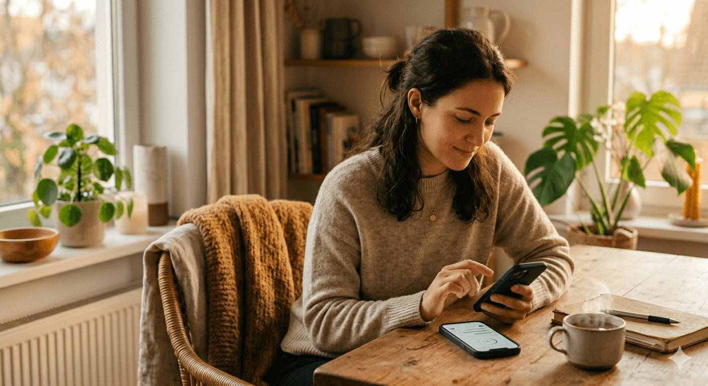 Persona usando Rutio en un entorno cálido y cotidiano con luz natural.