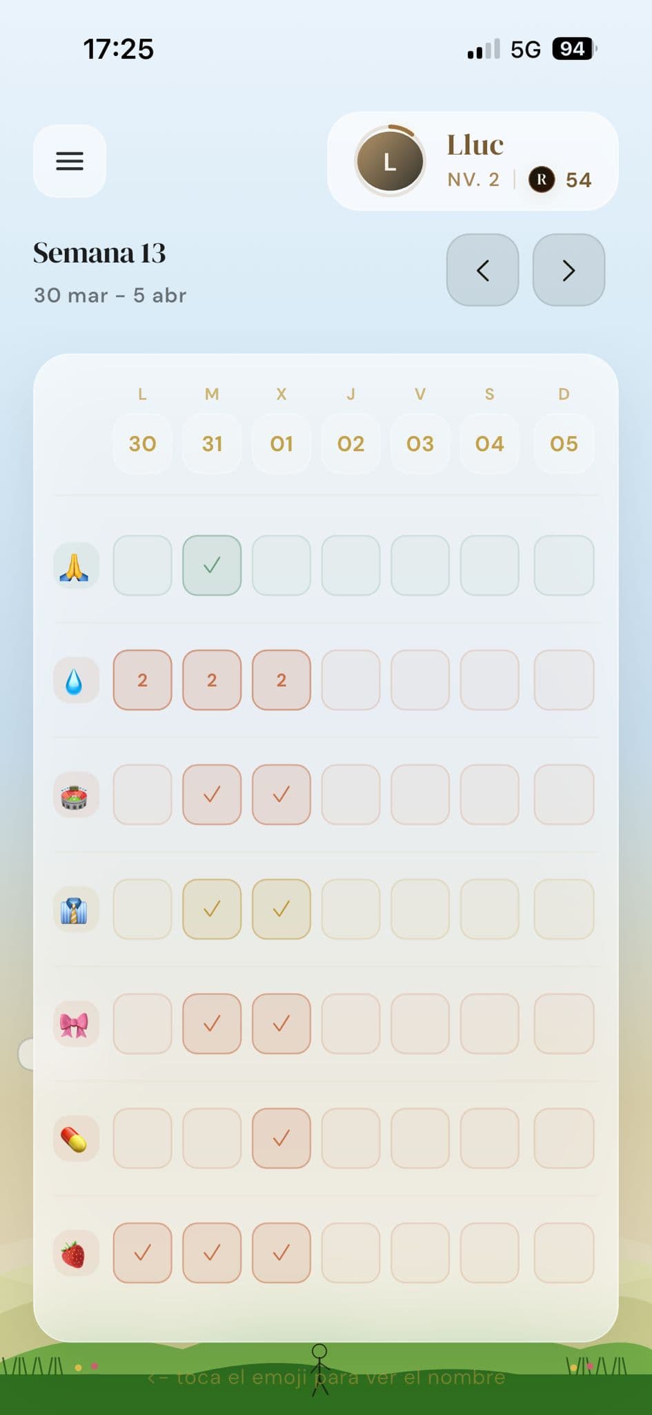 Pantalla semanal de Rutio con seguimiento de hábitos durante la semana.